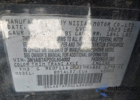 2016 Nissan Sentra Sv from USA, damaged, VIN 3N1AB7AP2GL654002